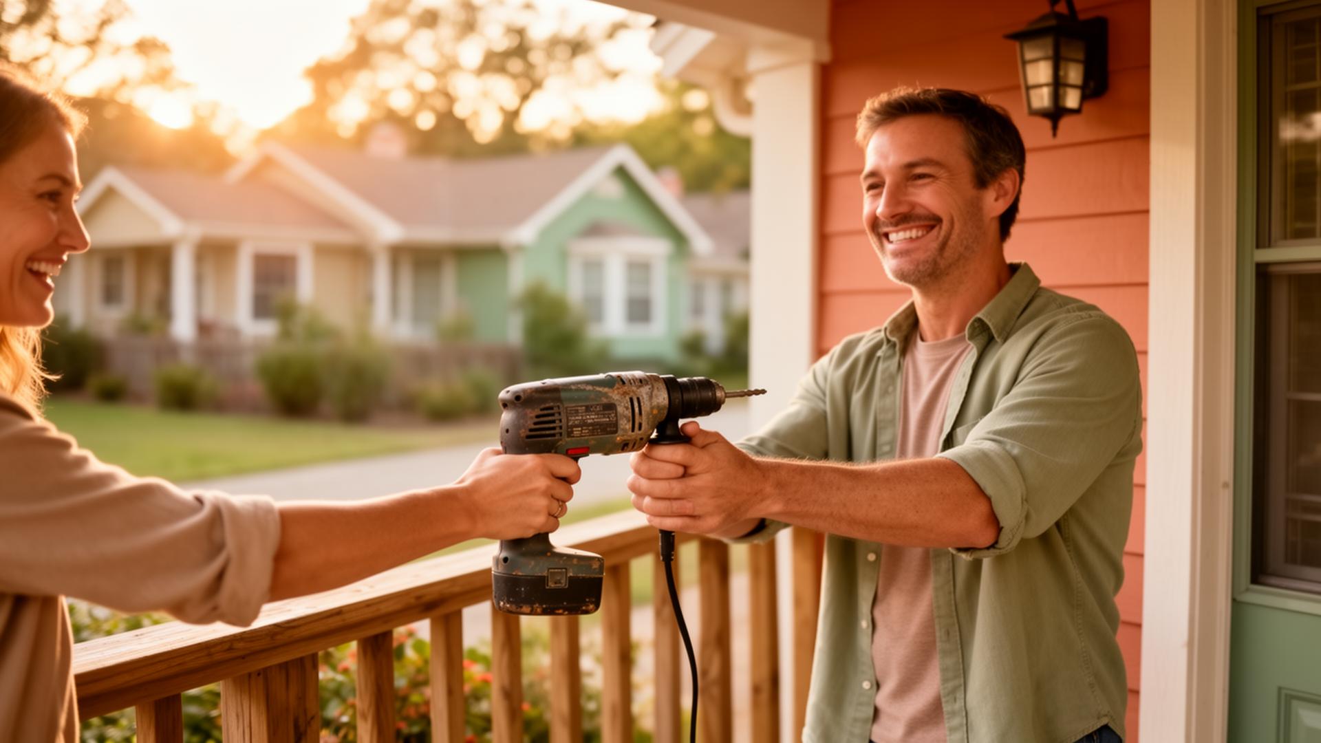 Neighbor handing over a power drill